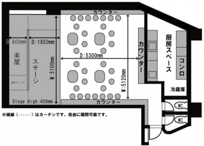 高田馬場monoの店内レイアウト「食事提供時でのテーブルとイスの配置」